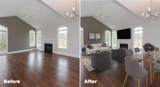 before photo of an empty room and after photo with virtually added furniture