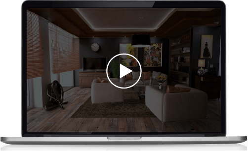laptop screen displaying play button to start virtul apartment tour
