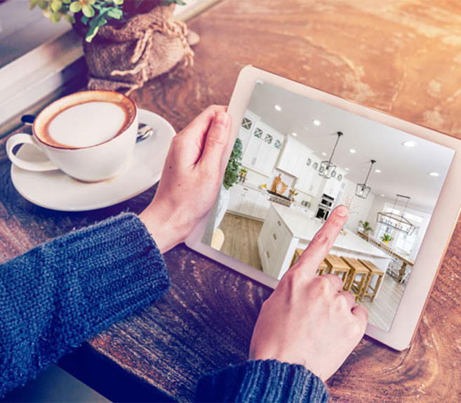 person on a tablet going through a matterport virtual tour